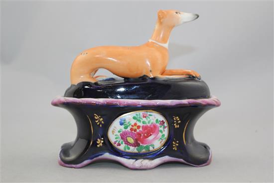 A rare Staffordshire greyhound ink stand and cover, mid 19th century, 17cm., restorations